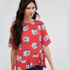 ASOS Floral Asymmetric Ruffled Blouse Tie Back Short Sleeve Top Size 6 Red White